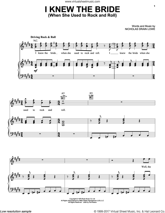 I Knew The Bride (When She Used To Rock And Roll) sheet music for voice, piano or guitar by Nick Lowe and Nicholas Drain Lowe, intermediate skill level