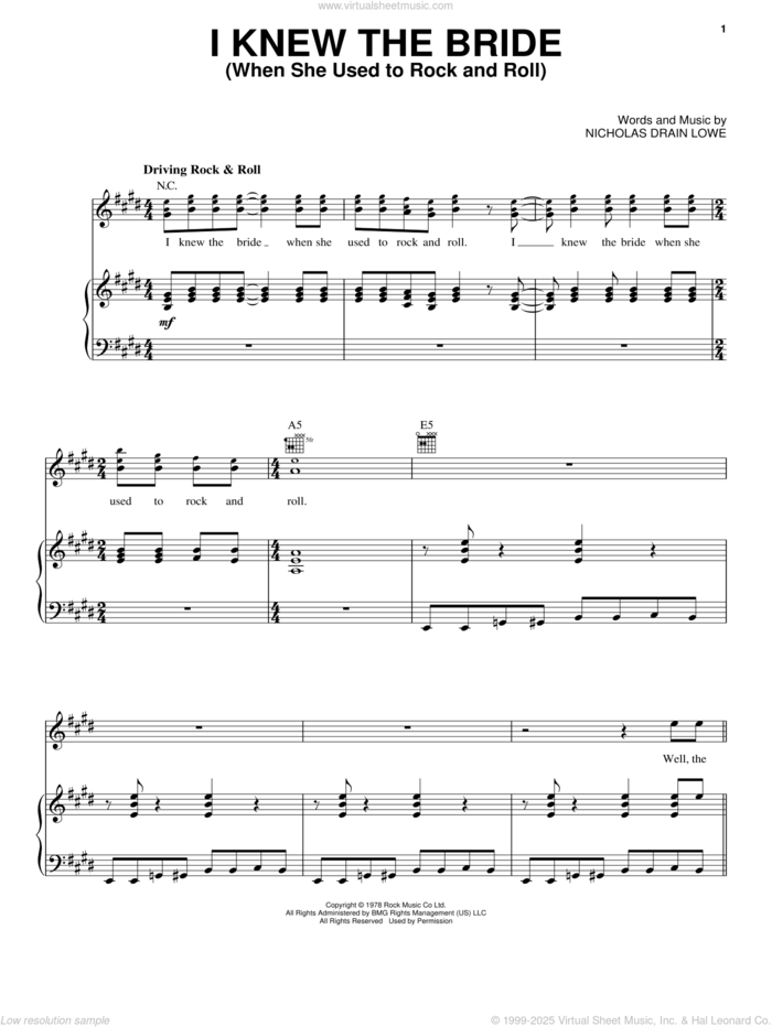 I Knew The Bride (When She Used To Rock And Roll) sheet music for voice, piano or guitar by Nick Lowe and Nicholas Drain Lowe, intermediate skill level