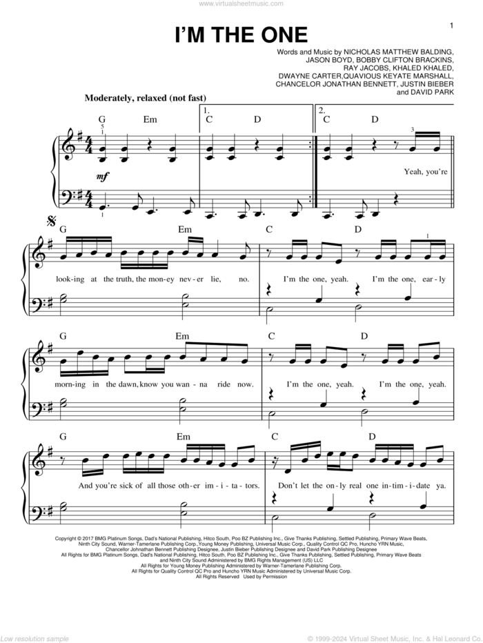 I'm The One sheet music for piano solo by Khaled Khaled, Bobby Clifton Brackins, Chancellor Johnathan Bennett, David Park, Dwayne Carter, Jason Boyd, Justin Bieber, Nicholas Iatthew Balding, Nicholas Matthew Balding, Quavious Keyate Marshall and Ray Jacobs, easy skill level