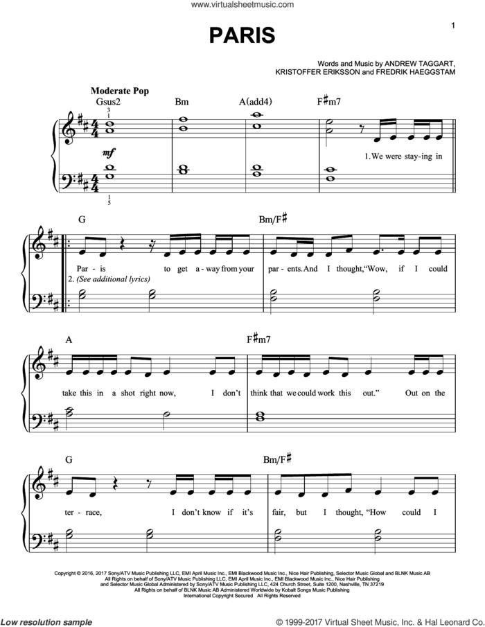 Paris sheet music for piano solo by The Chainsmokers, Andrew Taggart, Fredrik Haeggstam and Kristoffer Eriksson, easy skill level