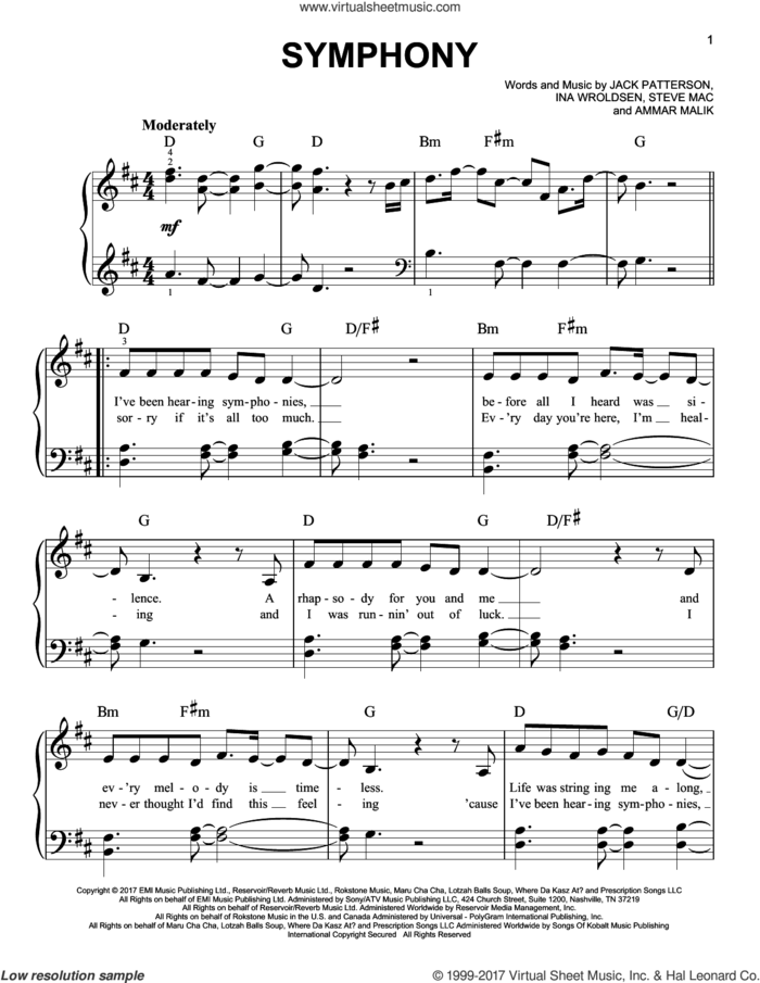 Symphony sheet music for piano solo by Clean Bandit feat. Zara Larsson, Ammar Malik, Ina Wroldsen, Jack Patterson and Steve Mac, easy skill level
