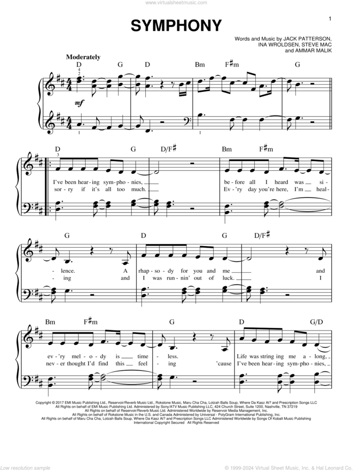 Symphony sheet music for piano solo by Clean Bandit feat. Zara Larsson, Ammar Malik, Ina Wroldsen, Jack Patterson and Steve Mac, easy skill level