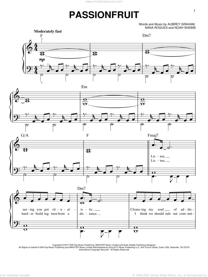 Passionfruit sheet music for piano solo by Drake, Aubrey Graham, Nana Rogues and Noah Sheabib, easy skill level