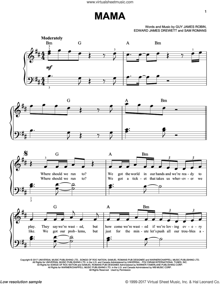 Mama sheet music for piano solo by Jonas Blue (feat William Singe), Edward James Drewett, Guy James Robin and Sam Romans, easy skill level