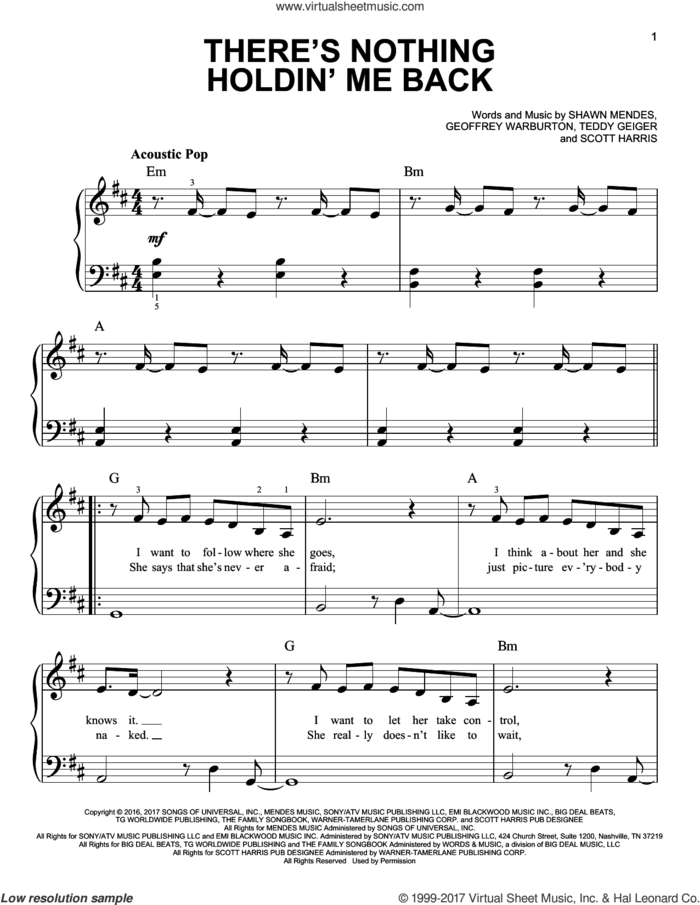 There's Nothing Holdin' Me Back sheet music for piano solo by Shawn Mendes, Geoffrey Warburton, Scott Harris and Teddy Geiger, easy skill level
