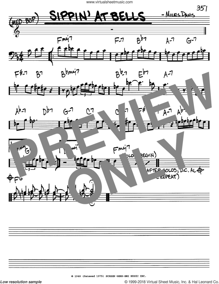 Sippin' At Bells sheet music for voice and other instruments (bass clef) by Miles Davis, intermediate skill level