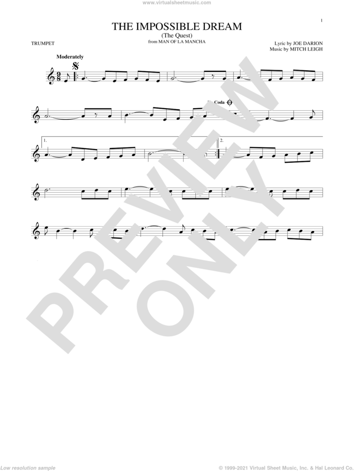The Impossible Dream (The Quest) sheet music for trumpet solo by Joe Darion and Mitch Leigh, intermediate skill level