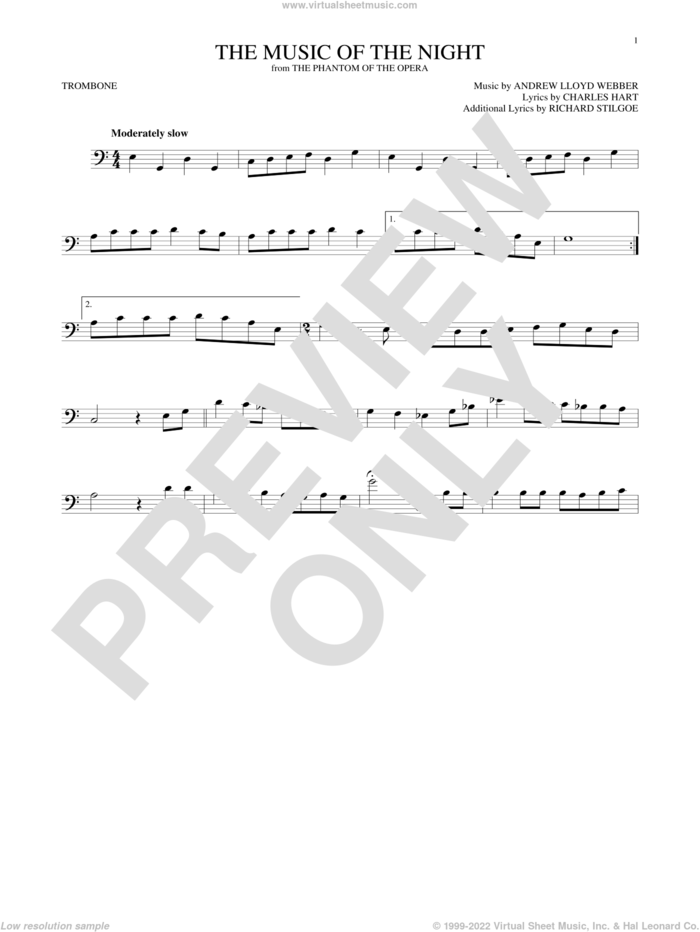 The Music Of The Night (from The Phantom Of The Opera) sheet music for trombone solo by Andrew Lloyd Webber, David Cook, Charles Hart and Richard Stilgoe, intermediate skill level