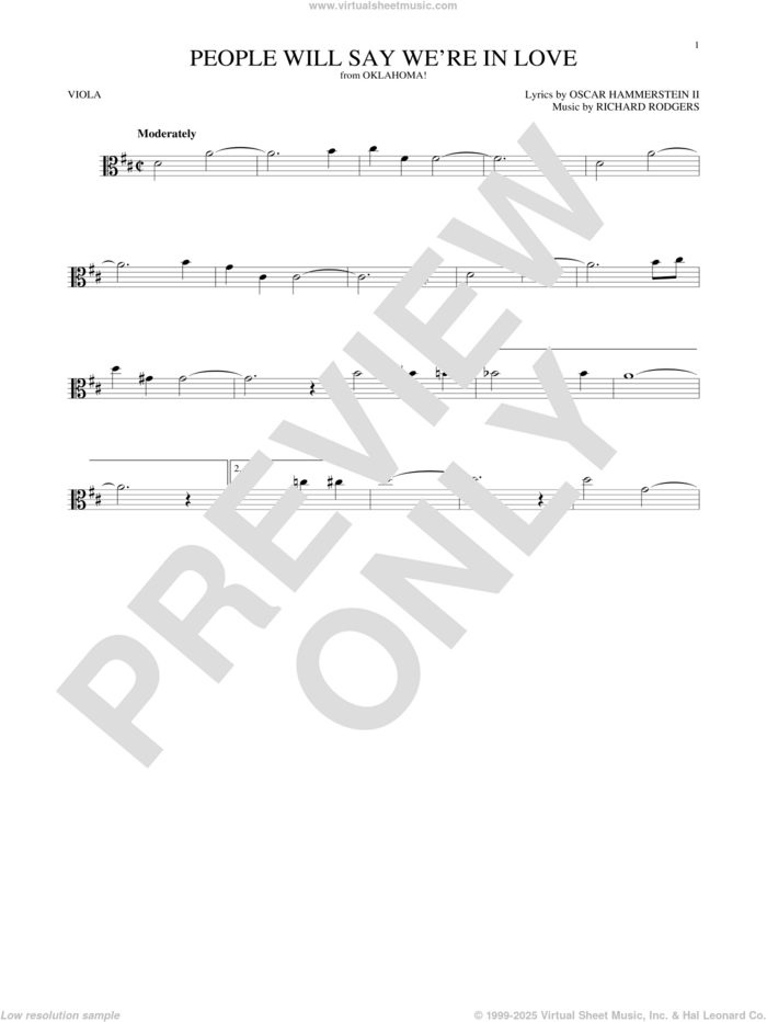 People Will Say We're In Love (from Oklahoma!) sheet music for viola solo by Rodgers & Hammerstein, Oscar II Hammerstein and Richard Rodgers, intermediate skill level