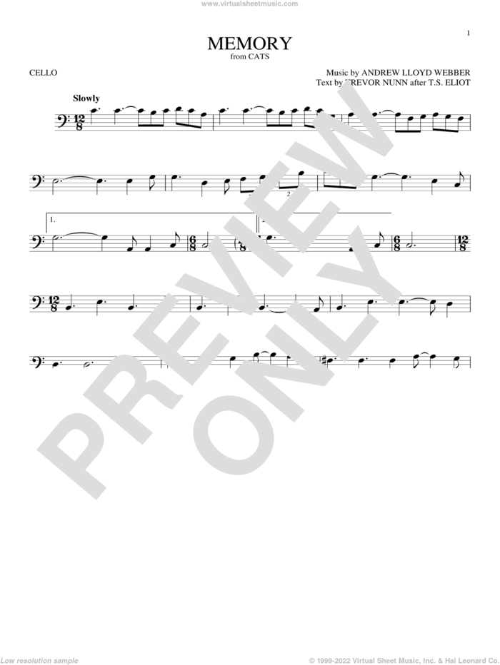 Memory (from Cats) sheet music for cello solo by Andrew Lloyd Webber and Barbra Streisand, intermediate skill level