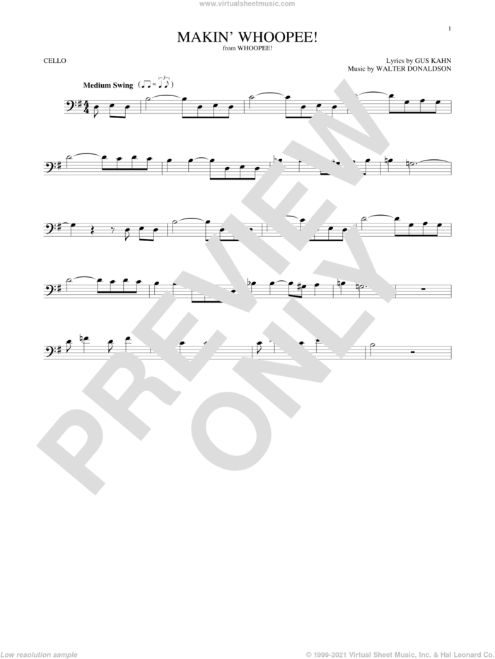 Makin' Whoopee! sheet music for cello solo by Gus Kahn, John Hicks and Walter Donaldson, intermediate skill level