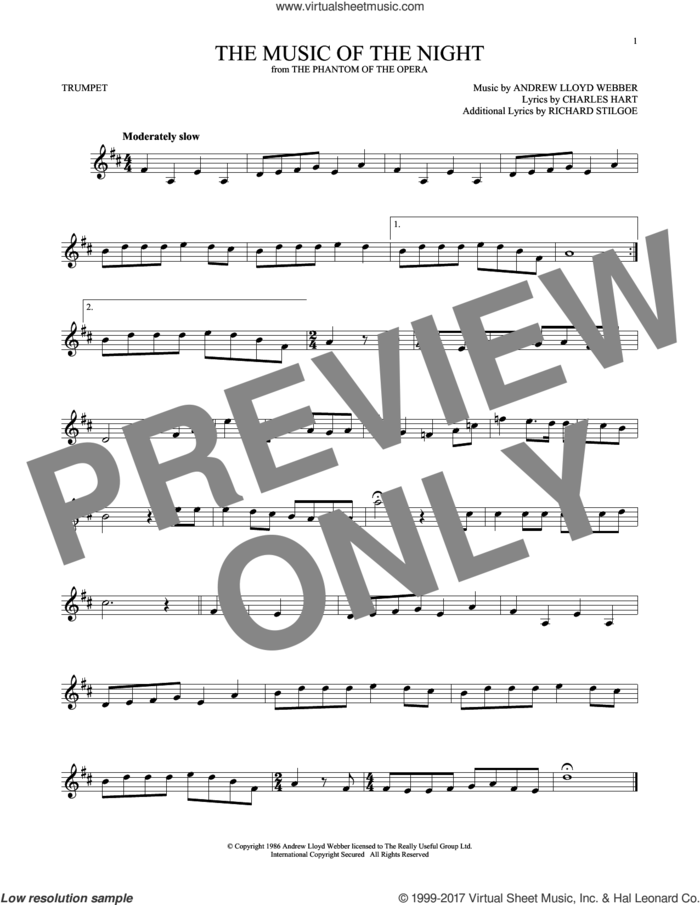 The Music Of The Night (from The Phantom Of The Opera) sheet music for trumpet solo by Andrew Lloyd Webber, David Cook, Charles Hart and Richard Stilgoe, intermediate skill level