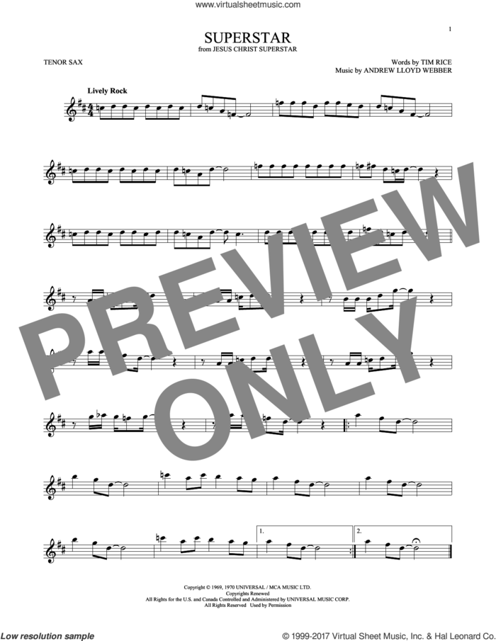 Superstar (from Jesus Christ Superstar) sheet music for tenor saxophone solo by Andrew Lloyd Webber, Murray Head w/Trinidad Singers and Tim Rice, intermediate skill level