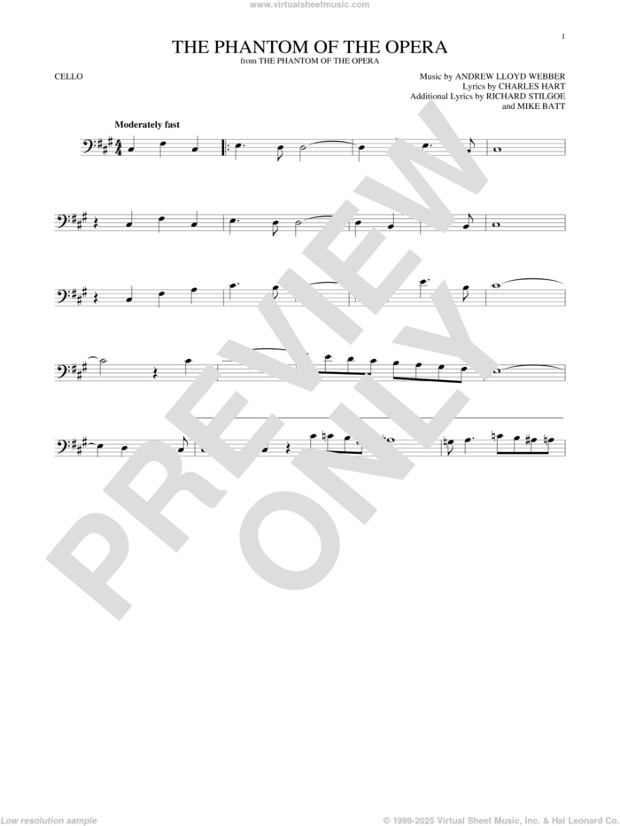 The Phantom Of The Opera sheet music for cello solo by Andrew Lloyd Webber, Charles Hart, Mike Batt and Richard Stilgoe, intermediate skill level