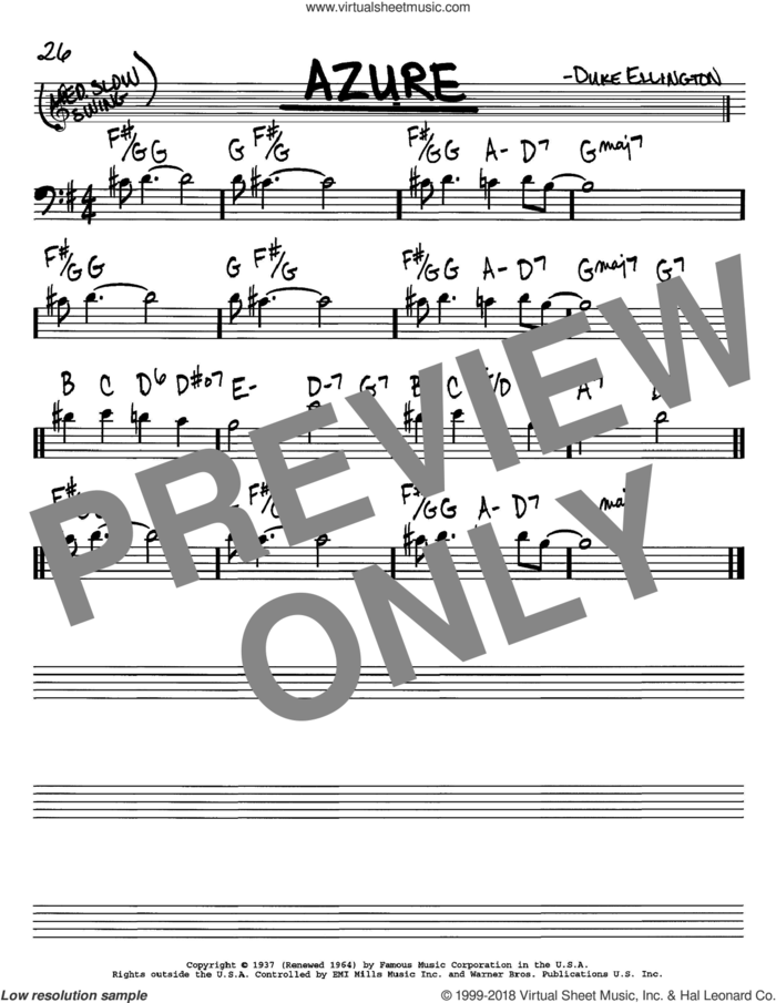 Azure sheet music for voice and other instruments (bass clef) by Duke Ellington and Irving Mills, intermediate skill level