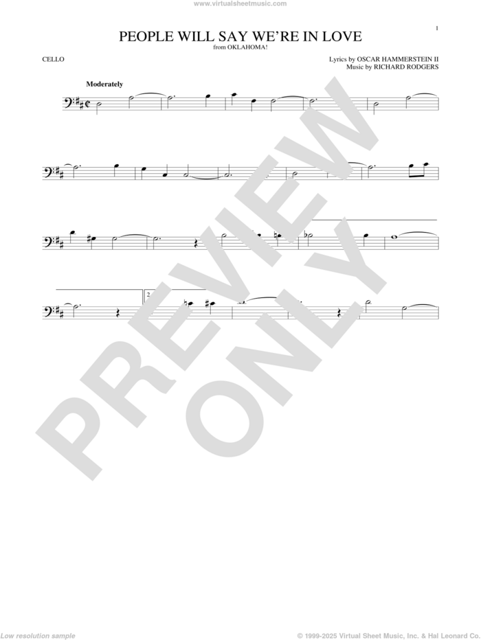 People Will Say We're In Love sheet music for cello solo by Rodgers & Hammerstein, Oscar II Hammerstein and Richard Rodgers, intermediate skill level