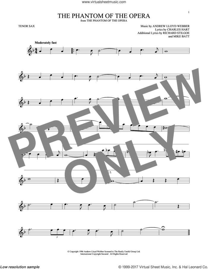The Phantom Of The Opera sheet music for tenor saxophone solo by Andrew Lloyd Webber, Charles Hart, Mike Batt and Richard Stilgoe, intermediate skill level