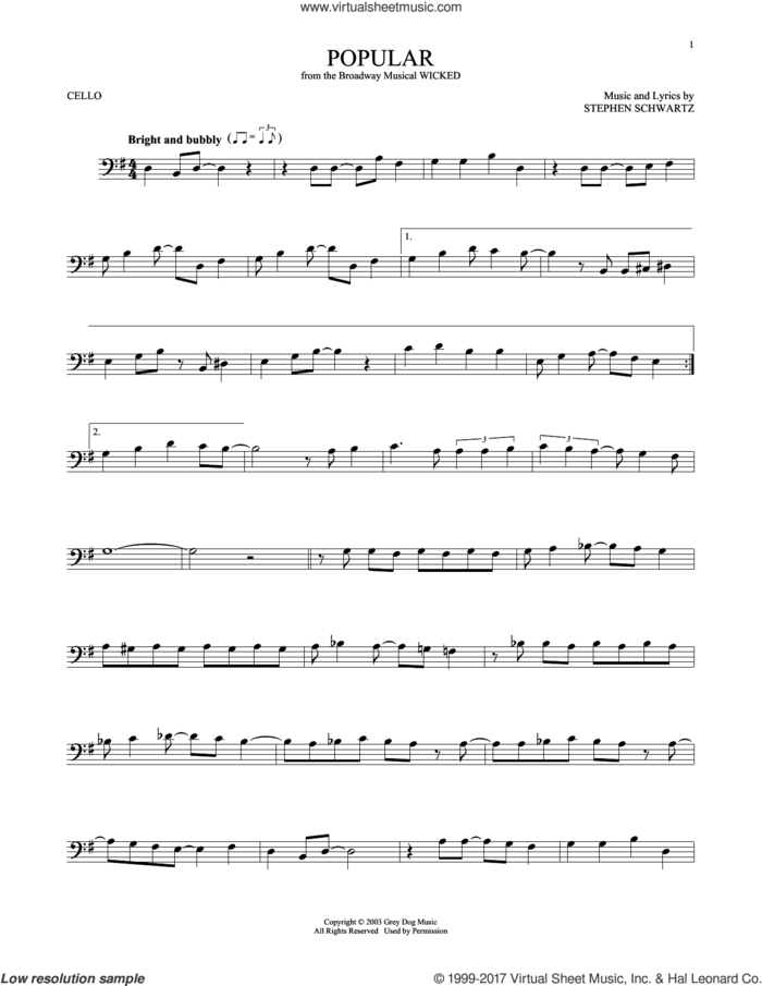 Popular (from Wicked) sheet music for cello solo by Stephen Schwartz, intermediate skill level