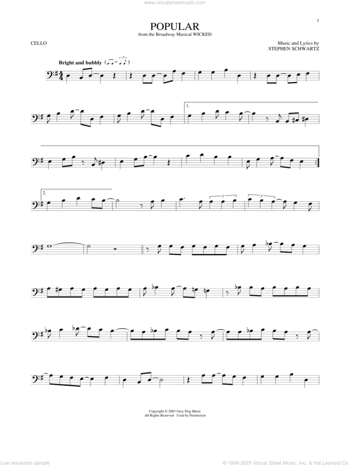 Popular (from Wicked) sheet music for cello solo by Stephen Schwartz, intermediate skill level
