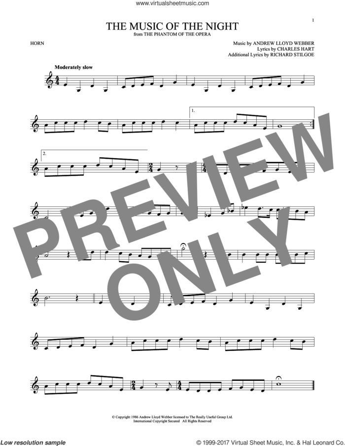 The Music Of The Night sheet music for horn solo by Andrew Lloyd Webber, David Cook, Charles Hart and Richard Stilgoe, intermediate skill level