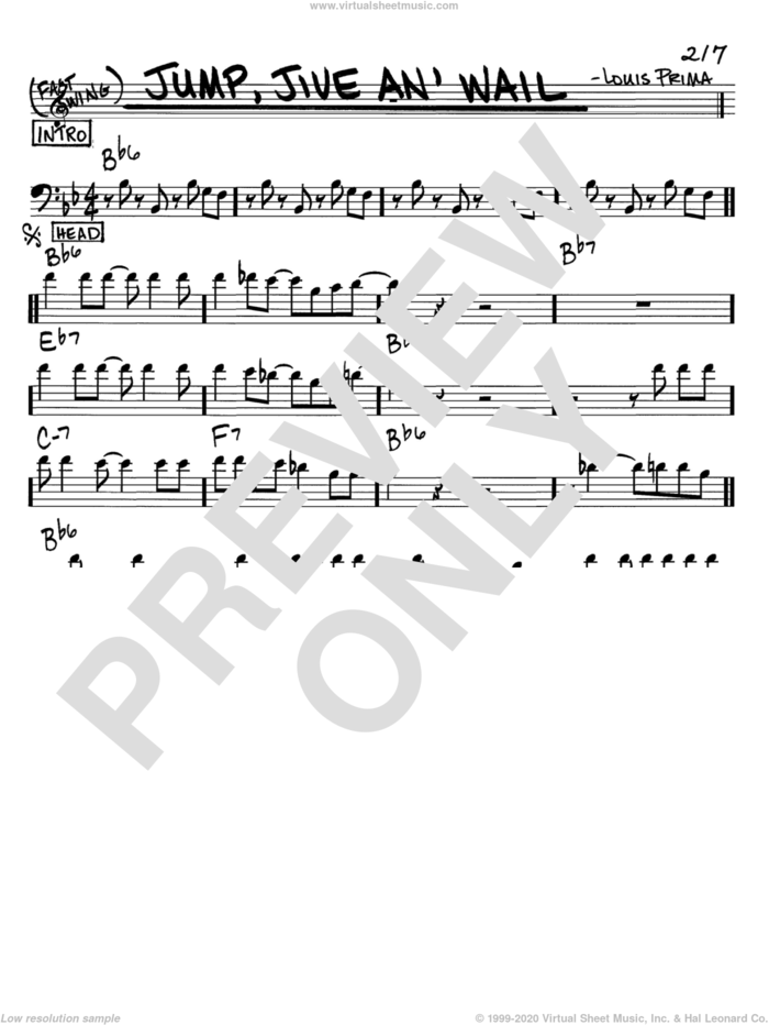 Jump, Jive An' Wail sheet music for voice and other instruments (bass clef) by Louis Prima, intermediate skill level