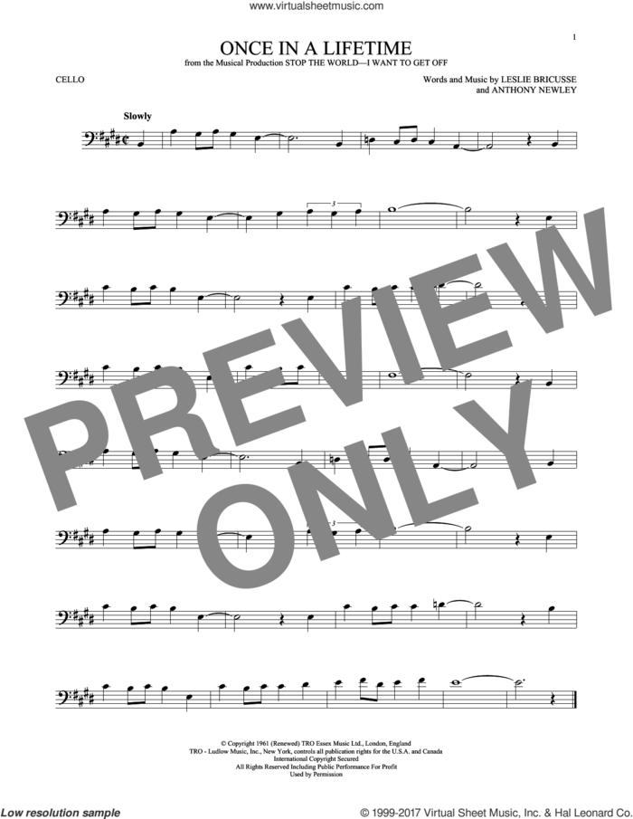 Once In A Lifetime sheet music for cello solo by Leslie Bricusse and Anthony Newley, intermediate skill level