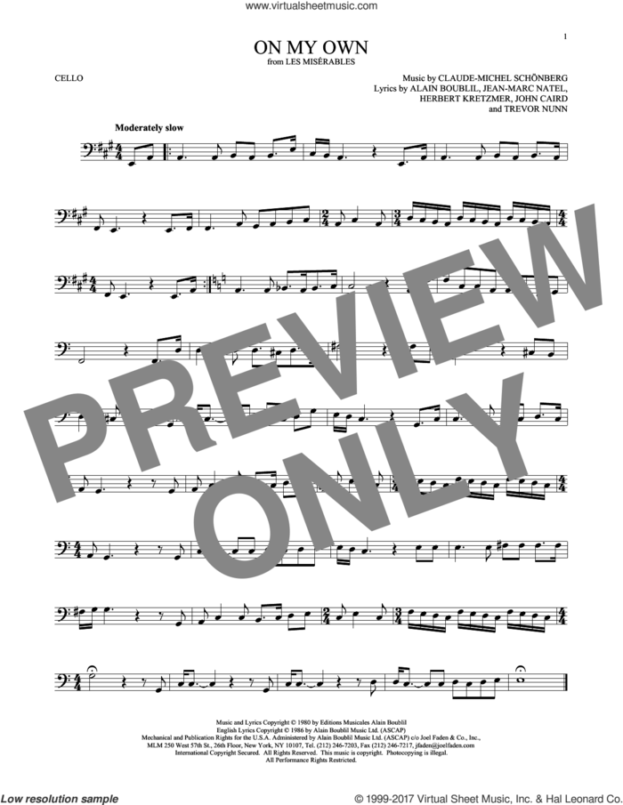 On My Own (from Les Miserables) sheet music for cello solo by Alain Boublil, Claude-Michel Schonberg, Claude-Michel Schonberg, Herbert Kretzmer, Jean-Marc Natel, John Caird and Trevor Nunn, intermediate skill level