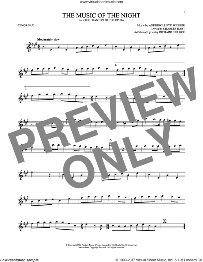 The Music Of The Night (from The Phantom Of The Opera) sheet music for tenor saxophone solo by Andrew Lloyd Webber, David Cook, Charles Hart and Richard Stilgoe, intermediate skill level