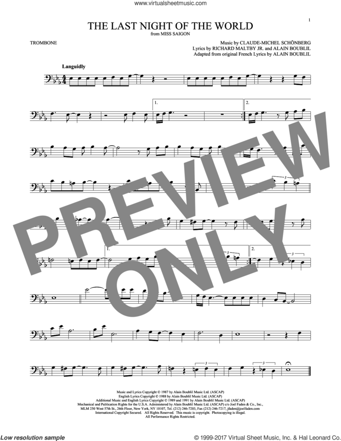 The Last Night Of The World sheet music for trombone solo by Alain Boublil and Claude-Michel Schonberg and Claude-Michel Schonberg, intermediate skill level
