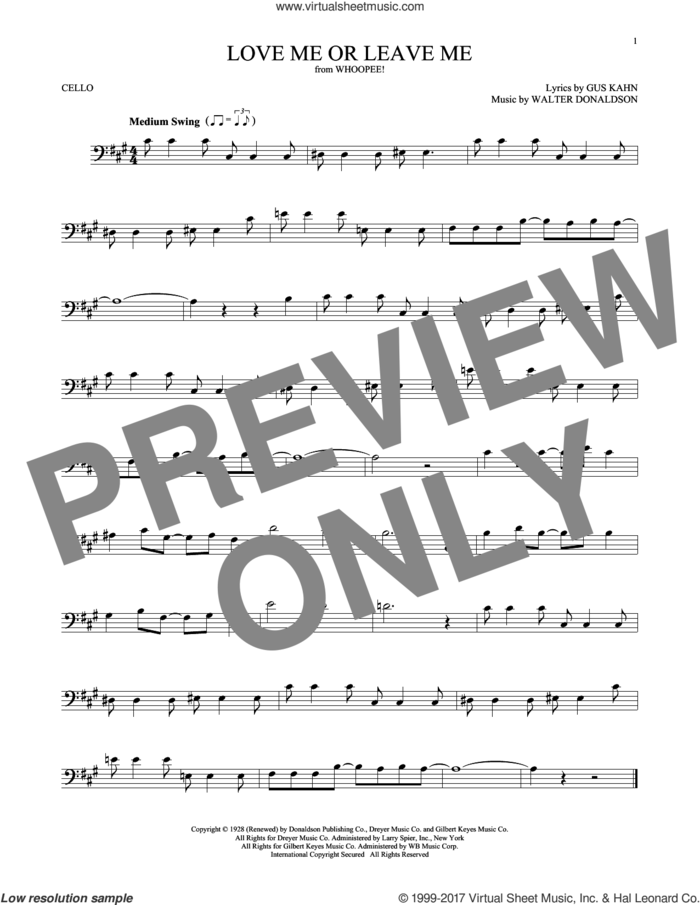 Love Me Or Leave Me sheet music for cello solo by Gus Kahn, Dave Pell and Walter Donaldson, intermediate skill level