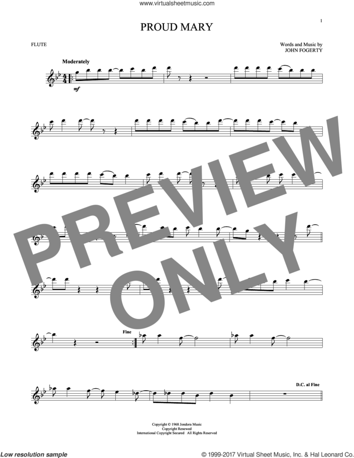 Proud Mary sheet music for flute solo by Creedence Clearwater Revival and John Fogerty, intermediate skill level