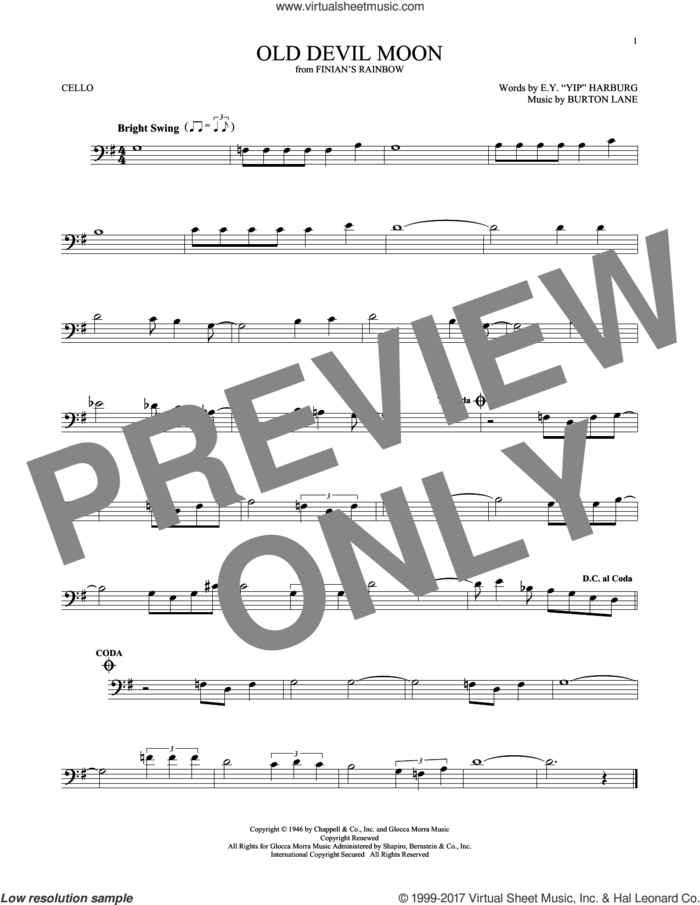 Old Devil Moon sheet music for cello solo by E.Y. Harburg and Burton Lane, intermediate skill level