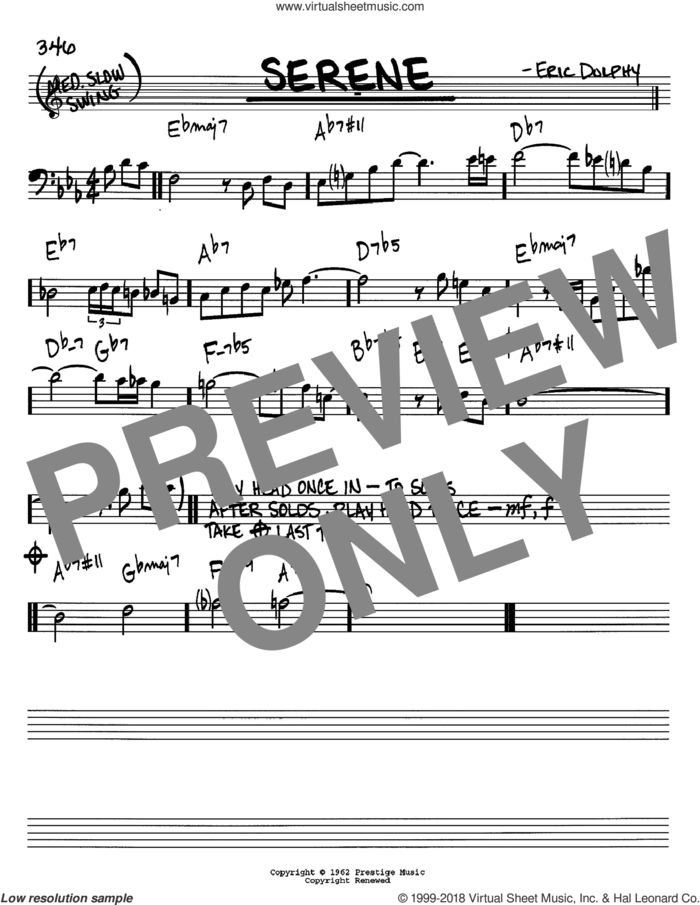 Serene sheet music for voice and other instruments (bass clef) by Eric Dolphy, intermediate skill level