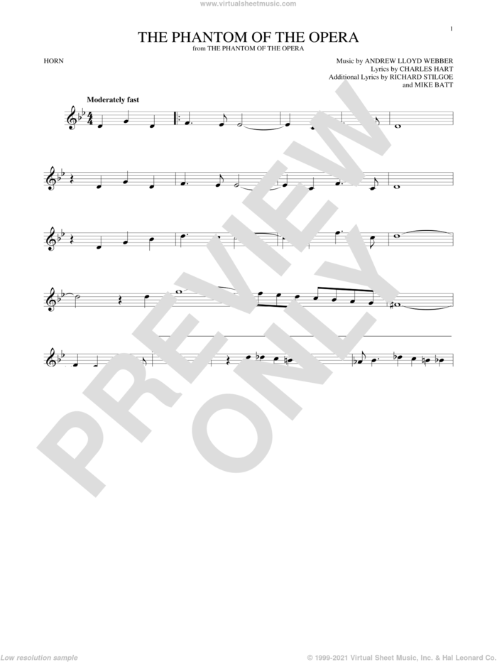 The Phantom Of The Opera sheet music for horn solo by Andrew Lloyd Webber, Charles Hart, Mike Batt and Richard Stilgoe, intermediate skill level