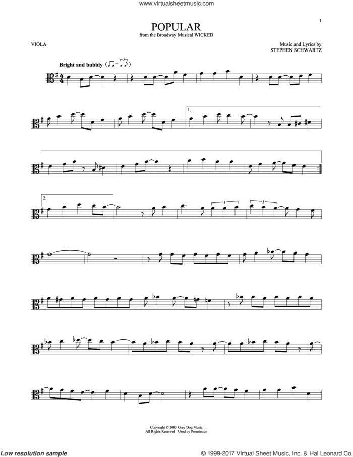 Popular (from Wicked) sheet music for viola solo by Stephen Schwartz, intermediate skill level