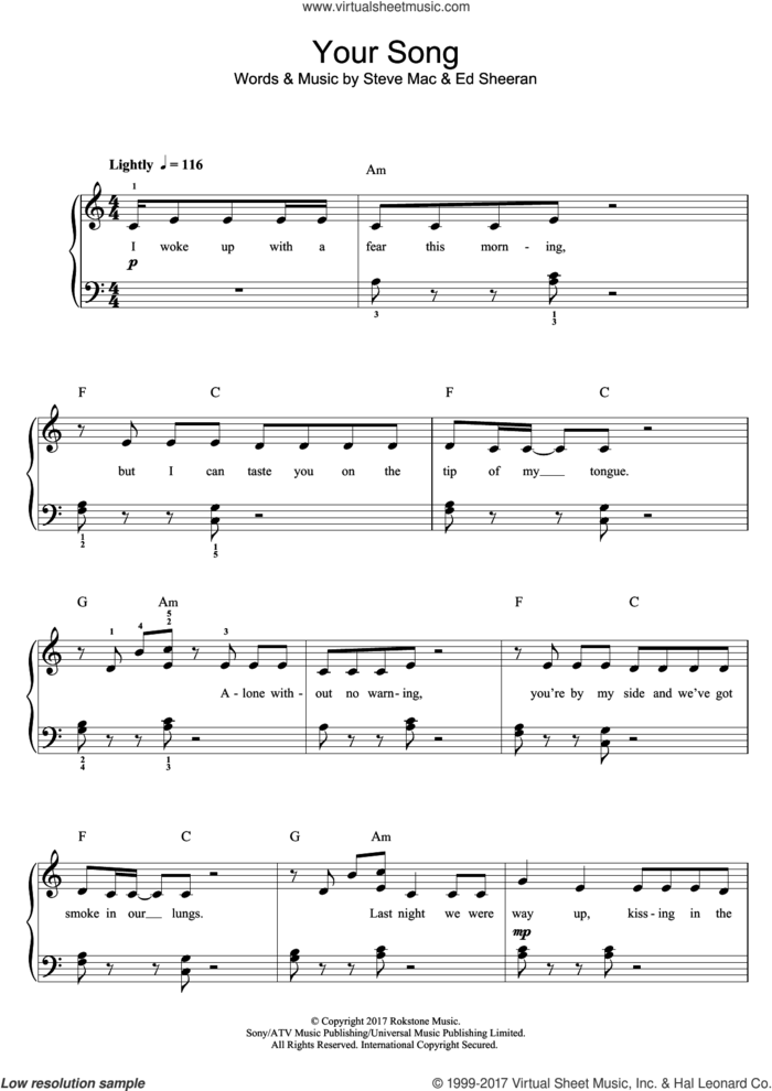 Your Song sheet music for piano solo (beginners) by Rita Ora, Ed Sheeran and Steve Mac, beginner piano (beginners)