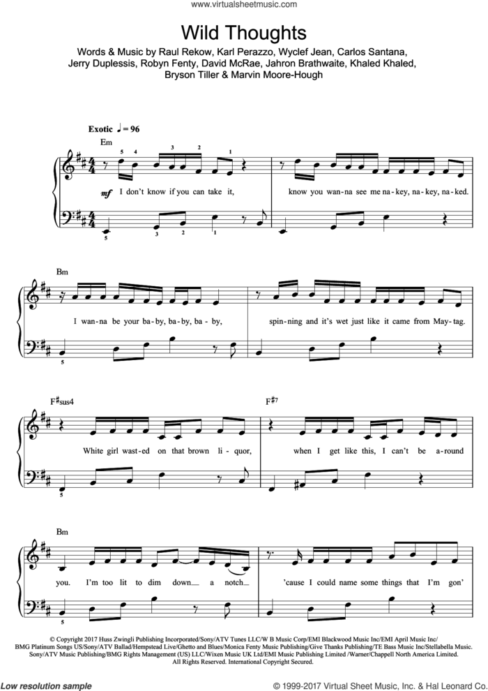 Wild Thoughts (featuring Rihanna and Bryson Tiller) sheet music for piano solo (beginners) by DJ Khaled, Rihanna, Bryson Tiller, Carlos Santana, David McRae, Jahron Brathwaite, Jerry Duplessis, Karl Perazzo, Khaled Khaled, Marvin Moore-Hough, Raul Rekow, Robyn Fenty and Wyclef Jean, beginner piano (beginners)