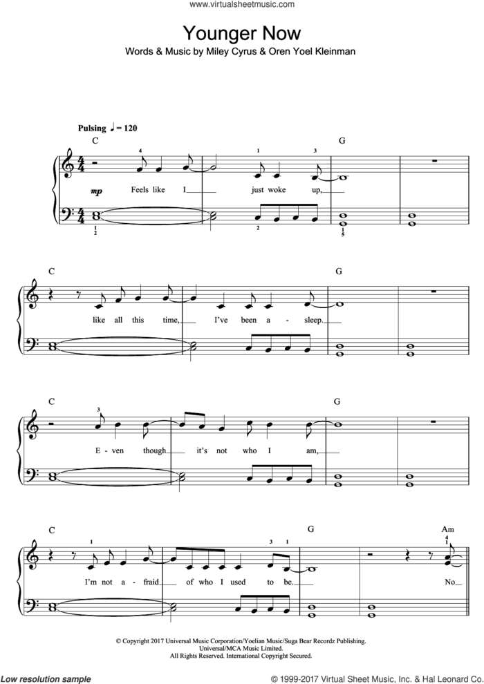 Younger Now sheet music for piano solo (beginners) by Miley Cyrus and Oren Yoel Kleinman, beginner piano (beginners)