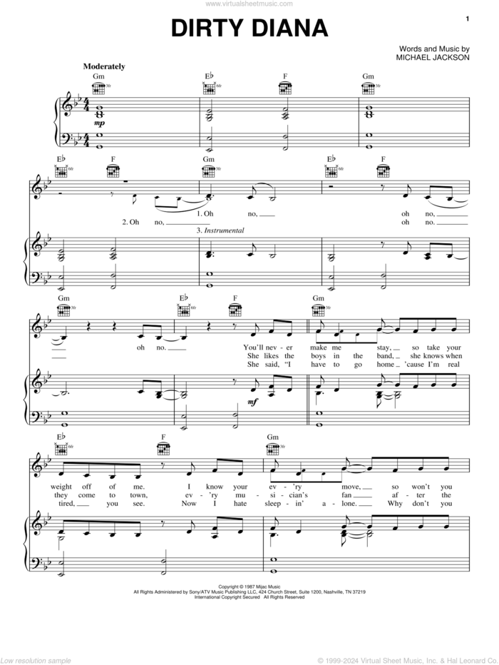Dirty Diana sheet music for voice, piano or guitar by Michael Jackson, intermediate skill level