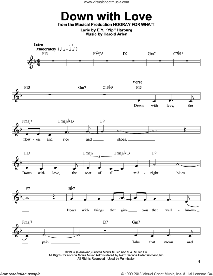 Down With Love sheet music for voice solo by Harold Arlen and E.Y. Harburg, intermediate skill level