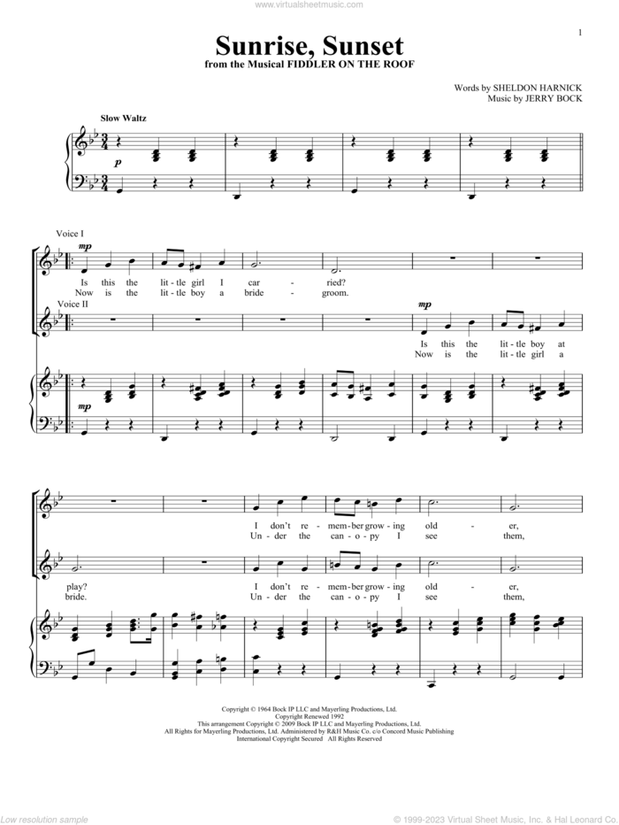 Sunrise, Sunset sheet music for two voices and piano by Jerry Bock and Sheldon Harnick, intermediate skill level