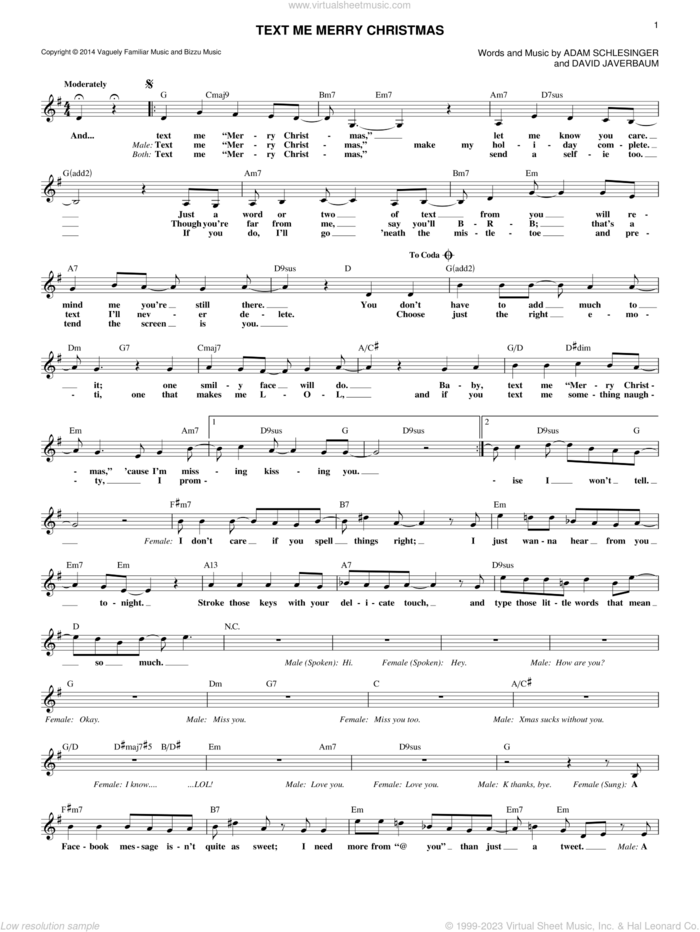 Text Me Merry Christmas (feat. Kristen Bell) sheet music for voice and other instruments (fake book) by Adam Schlesinger, Straight No Chaser and David Javerbaum, intermediate skill level