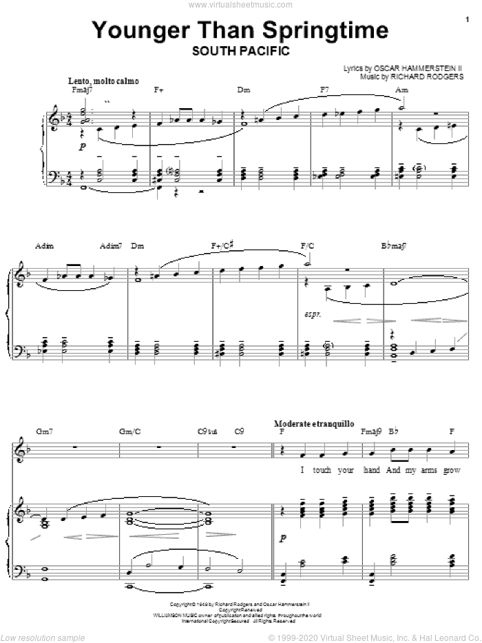 Younger Than Springtime sheet music for voice, piano or guitar by Rodgers & Hammerstein, South Pacific (Musical), Oscar II Hammerstein and Richard Rodgers, intermediate skill level