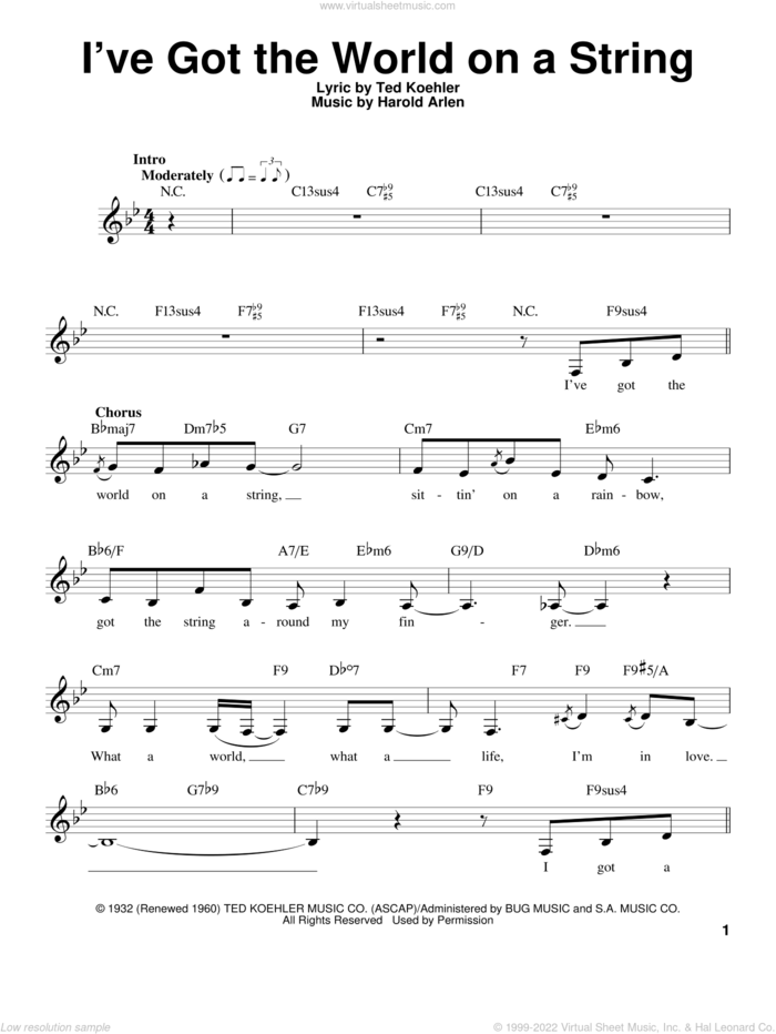 I've Got The World On A String sheet music for voice solo by Harold Arlen, Dick Hyman and Ted Koehler, intermediate skill level