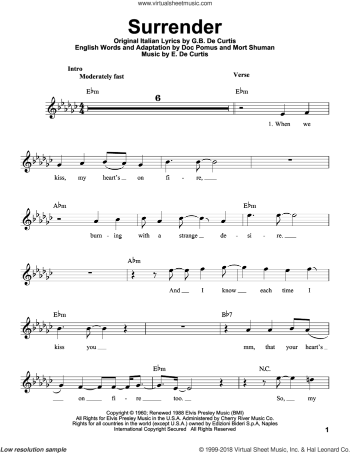 Surrender sheet music for voice solo by Elvis Presley, Doc Pomus, E. De Curtis and Mort Shuman, intermediate skill level