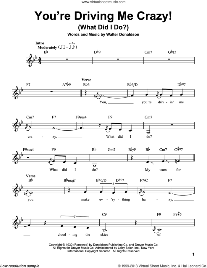 You're Driving Me Crazy! (What Did I Do?) sheet music for voice solo by Walter Donaldson, intermediate skill level