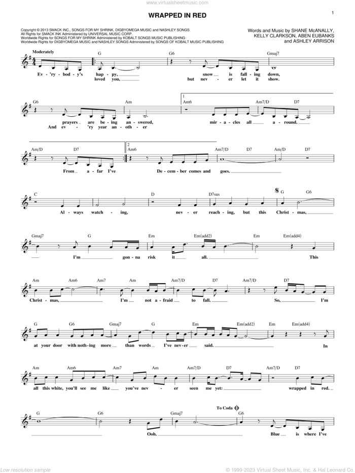 Wrapped In Red sheet music for voice and other instruments (fake book) by Kelly Clarkson, Aben Eubanks, Ashley Arrison and Shane McAnally, intermediate skill level