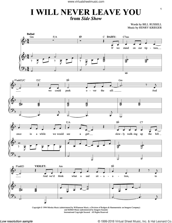 I Will Never Leave You sheet music for two voices and piano by Henry Krieger, Richard Walters and Bill Russell, wedding score, intermediate skill level