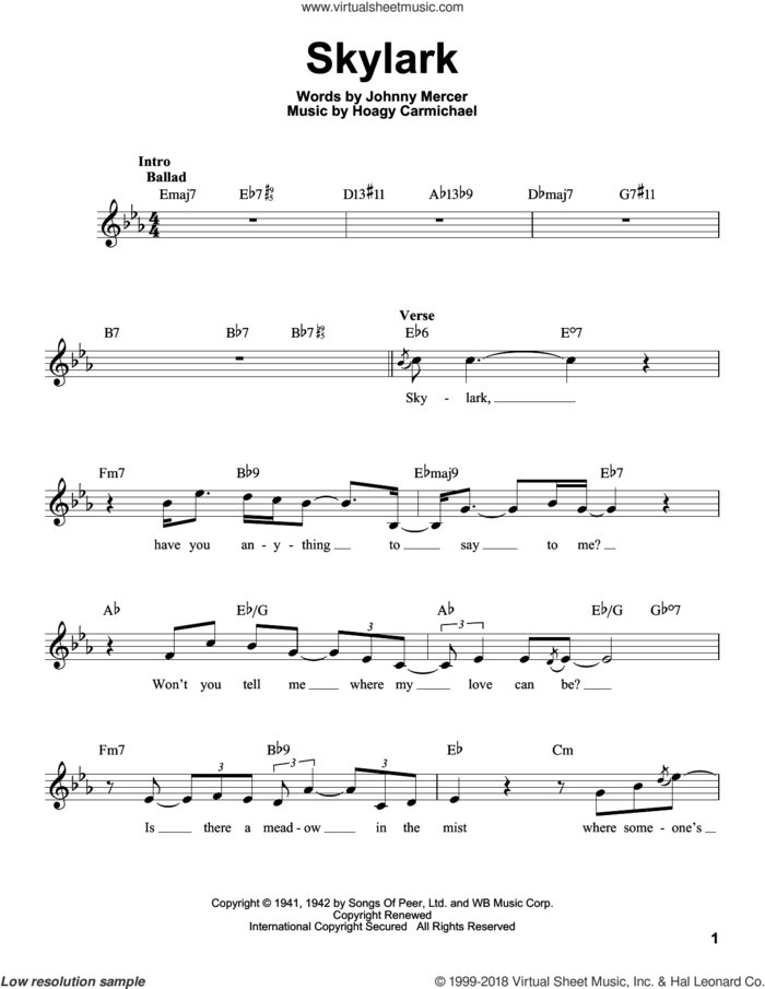 Skylark sheet music for voice solo by Johnny Mercer and Hoagy Carmichael, intermediate skill level