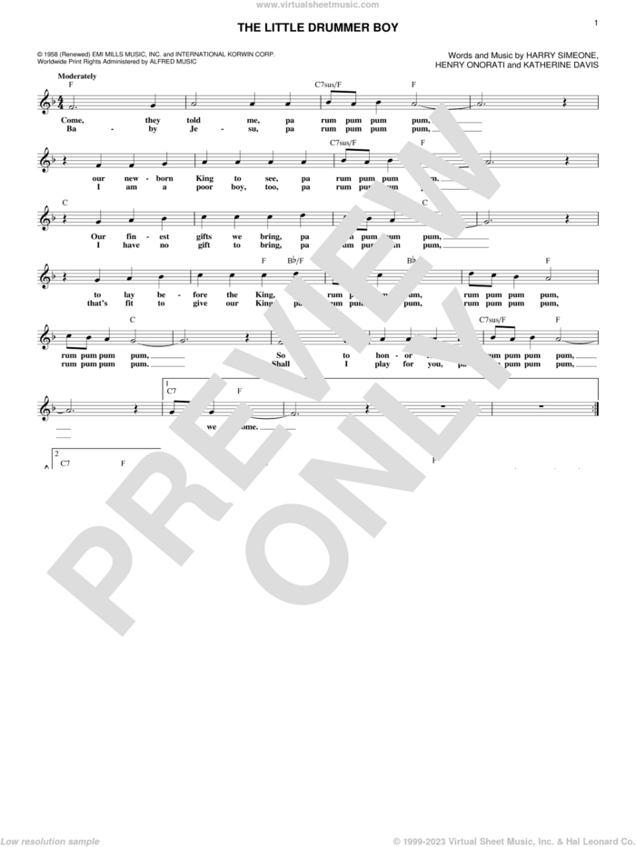 The Little Drummer Boy sheet music for voice and other instruments (fake book) by Katherine Davis, Harry Simeone and Henry Onorati, intermediate skill level